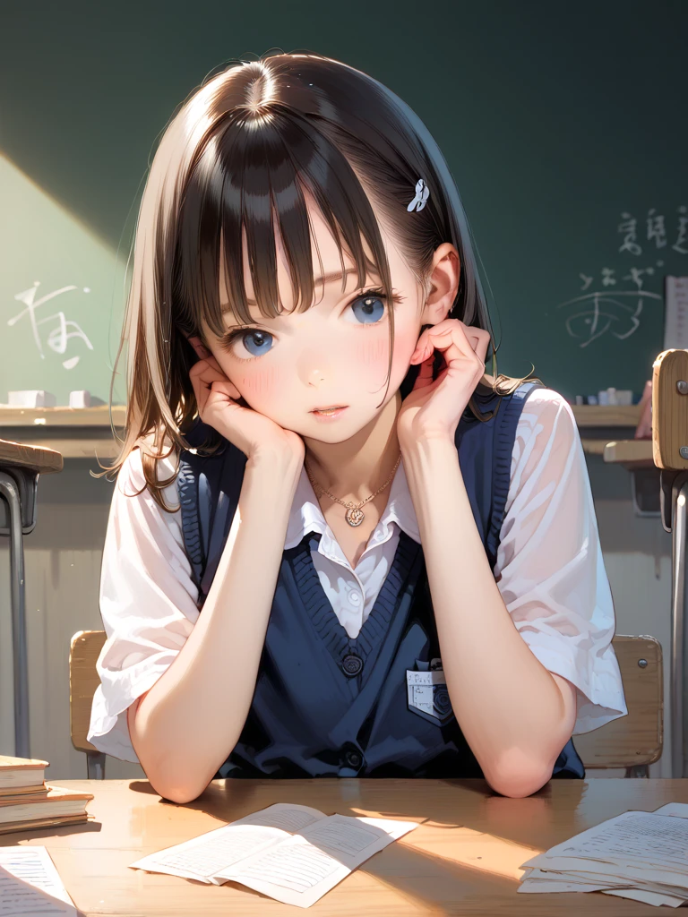 A young woman, 18 years old, with long purple hair, wearing a sailor uniform, sitting in a classroom (School 1.5 in the background) (Serious expression, Cold 1.5) (highest quality: 1.1) (masterpiece: 1.3) with an unparalleled masterpiece, Surreal 8K, Perfect artwork, Super detailed, highest quality, masterpiece 4K wallpaper aesthetics, masterpiece, Award-winning works, Official Art, Cinema Lighting