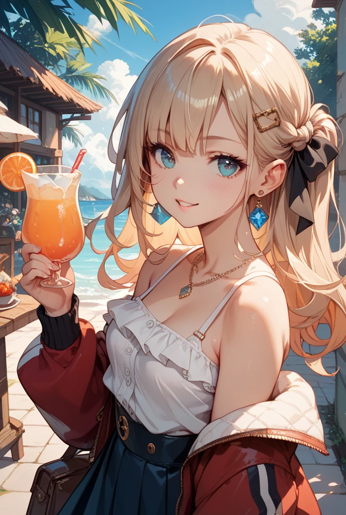 {{Master Masterpiece}}, illustration, best quality, extremely detailed CG Unity 8k wallpaper, 1 girl, a lively girl, on the beach, on the beach, fruit and drink on table, blonde hair, short ponytail, swimsuit, sunlight, bright smile, ice, white bikini,Sunscreen clothing, orange, 16 years old, straw hat,jump up, whole body,