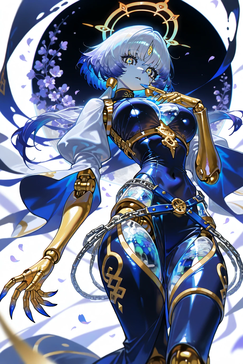 ((highest quality)), ((masterpiece)), (detailed), （Perfect Face）、The woman is an alien named Mercury, wearing a gorgeous alien dress decorated in purple and black with gold, with short blue hair and a completely alien body.