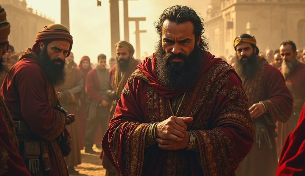 Man with expensive clothes and ornaments walking down the street with others bowing to him, in the background in an alley, another man standing looking at middle street Persia