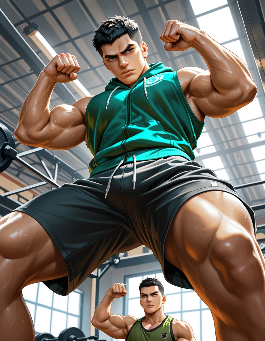 Danny Fenton from Danny Phantom animated series as a big dumb teenage muscular bodybuilder jock in a locker room flexing and staring blankly with mouth gaping open as his eyes glow under hypnosis as he repeats, "Bigger... Dumber.... Must obey.... More like a jock bro every day.... Yes, Coach. I obey. Huhuhuhuh.... Sweaty brutes must obey.... Sweaty brutes do what you say.... Big ... sweaty ... musky jock bro.... The muscles must grow. The old smarts must go.... Recruit the nerds and watch them grow. Make them like us, ... more big dumb jock bros. Huhuhuh.... We will grow. We will spread. We will make more dumb jocks.... We will grow... We will spread... We will make more dumb jocks.... We will grow. We will spread. We will make more dumb jocks.... Assimilate.... Grow.... Transform.... Become.... Convert.... Be a dumb jock...." in deep mindless emotionless voice with fellow hypnotized jocks to forget about catching ghosts and focus instead on training his body and obeying his coach. Mouth dropped open. Hyper swollen bulging crotch. Hyper muscles. Toned muscles. 5% body fat. Steam rising from armpits and shoulders. Big biceps. Big triceps. Broad shoulders. Big traps. Big lats. Big meaty pecs. Massive deltoids. Six-pack abs. Spherical glutes. Brainwashing. Hypnosis. Hypnotized. Bro. IQ drain. Dumber and dumber. Meathead. Musclehead. Mindless. Hypno. Mind control. Brain drain. Entranced. Brute. Brutification. Brain drain. brainwashed. brainwash. Meathead jock bro assimilation. Mindless. Brainless. Empty stare. Hairy pecs. Hairy armpits. Treasure trail.