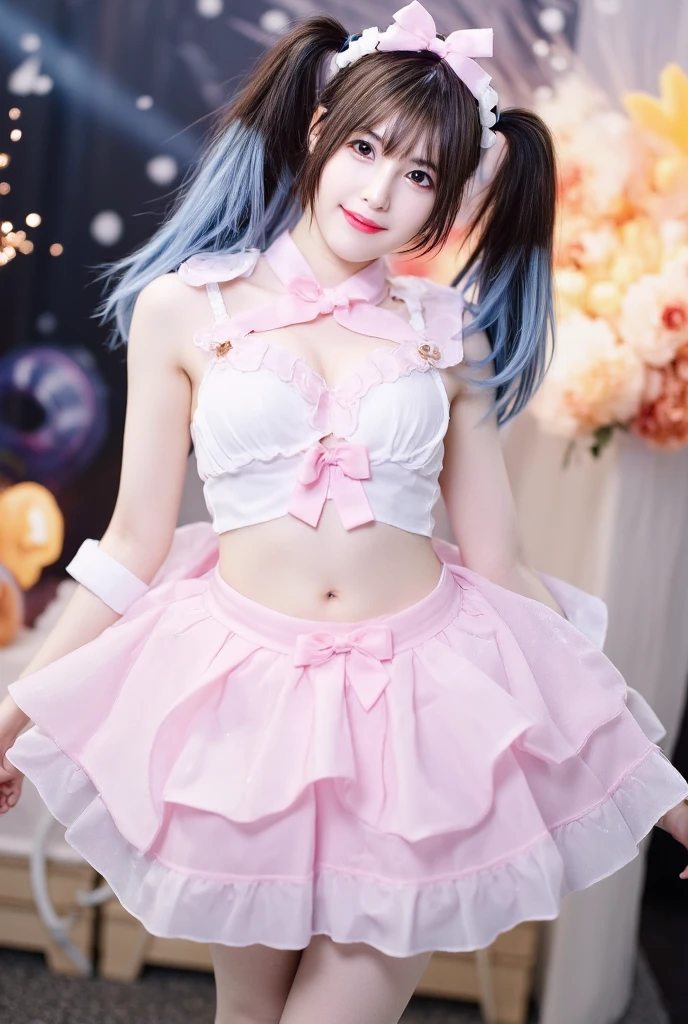 One Girl, Age 35, alone, ((Long light blue hair 1.4)), ((Sweaty 1.5)),((Shiny skin 1.4)),((Thighs)), Brown eyes, ((Pink miniskirt maid outfit 1.5)),((Knee-high socks 1.4)),whole body, bangs, Realistic,((Small Breasts 1.2)), 4K, Highest quality, Slender beauty, Extremely clear images, 8k, Beautiful pose, Photo session、((Cute pink maid outfit))、smile、Straight hair,((Bath Background))