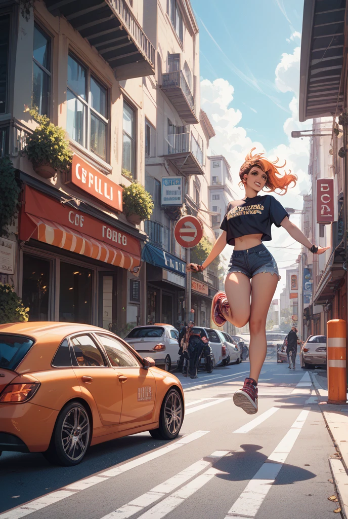 (Nsfw), (realistic:1.5), photorealistic, octane render, (unparalleled masterpiece, ultra-realistic 8k CG, perfect artwork, perfect female figure, dramatic, ray tracing, HDR:1.2), (Best Quality), fantasy, atmospheric, extremely detailed, intricate, hyper-detailed, (beautiful background, busy street, dim light, taxi:1.3), (perfect face), illustration, soft lighting, (specular lighting:1.4), (photorealistic face:1.2), (skindentation:1.3), dynamic pose, looking at viewer, (smile:1.2), parted lips, (1girl:1.4), thick eyelashes, long eyelashes, (perfect eyes, detailed pupils), (big breasts:1.2), (thick thighs, huge thighs, wide hips), (red hair, long hair:1.4), (full body, standing:1.4), (black halter top, tan short shorts, cleavage, white running shoes:1.4),