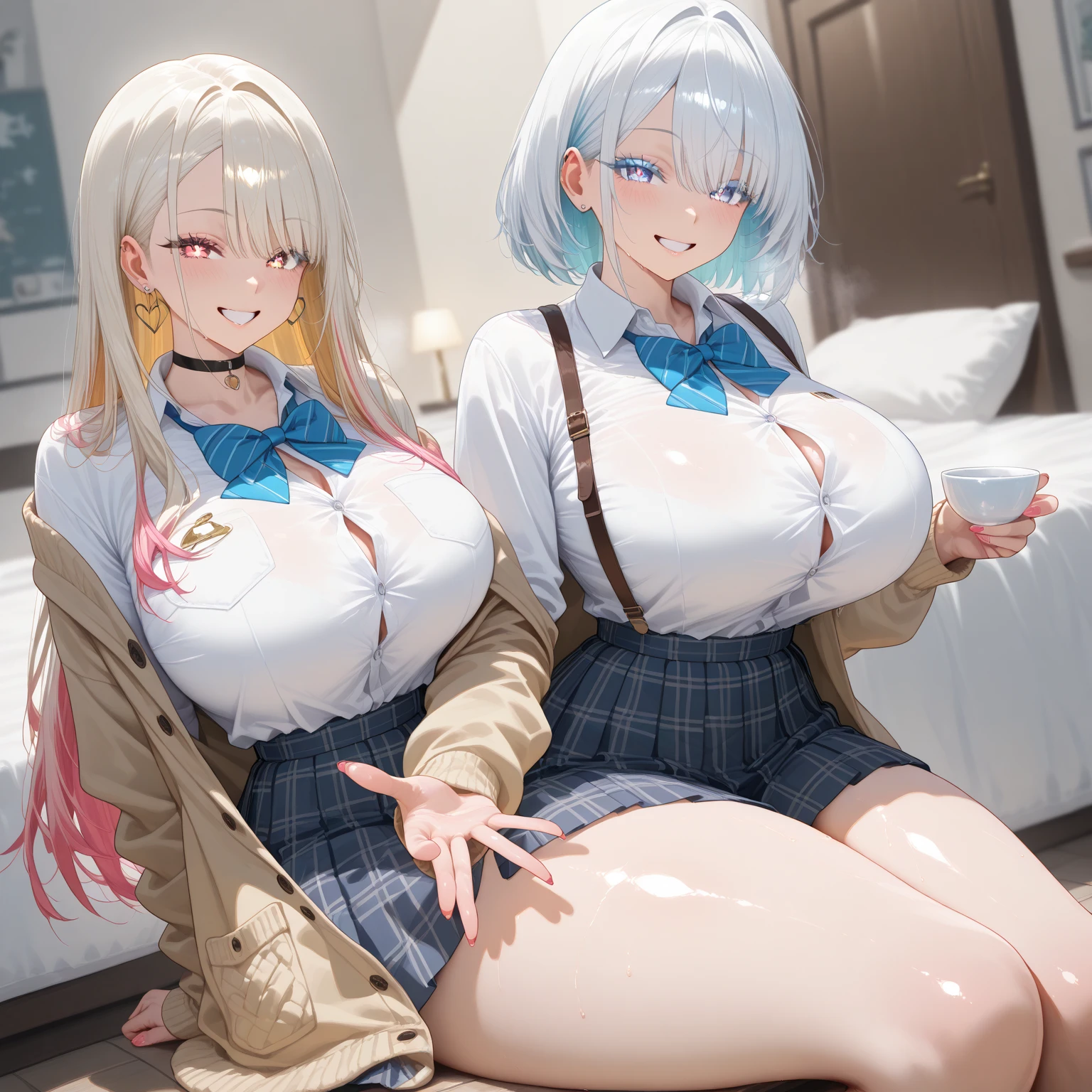 (masterpiece), best quality, expressive eyes, perfect facesuper fine illustration, masterpiece,sensual face, sharp focus, best quality, depth of field, cinematic lighting,ultra detailed,solo,denim jacket,medium breasts ,body with abs,long hair,silver hair,red eyes,open ,skirt,arched back,((multiple views)), penis, flaccid penis, erect penis, large penis, sitting with split legs up