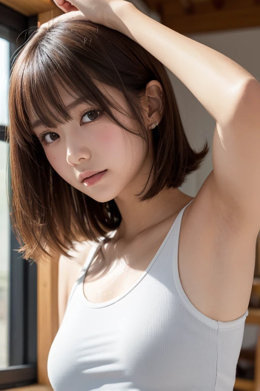 (Bob Cut Hair:1.2),(Wearing a ripped white tank top:1.8),1 person,Japanese,21 years old,(Small breasts:1.3),(Highest quality,masterpiece:1.3,Ultra-high resolution,),(Very detailedな,Caustics),(Realistic:1.4,RAW shooting,)Ultra-Realistic Capture,Very detailed,High resolution 16K human skin closeup。 Natural skin texture、,pores、、It needs to be detailed enough to be easily identifiable。 Skin tone is even and healthy looking。 Use natural light and color, Happy expression, Looking into the camera, Perfect dynamic composition, indoor、Cleavage、Earrings、Raise your hand、Armpits、freckles、(Round Glasses)、(erect nipples)、Sit on the bed、Bedroom、On the bed