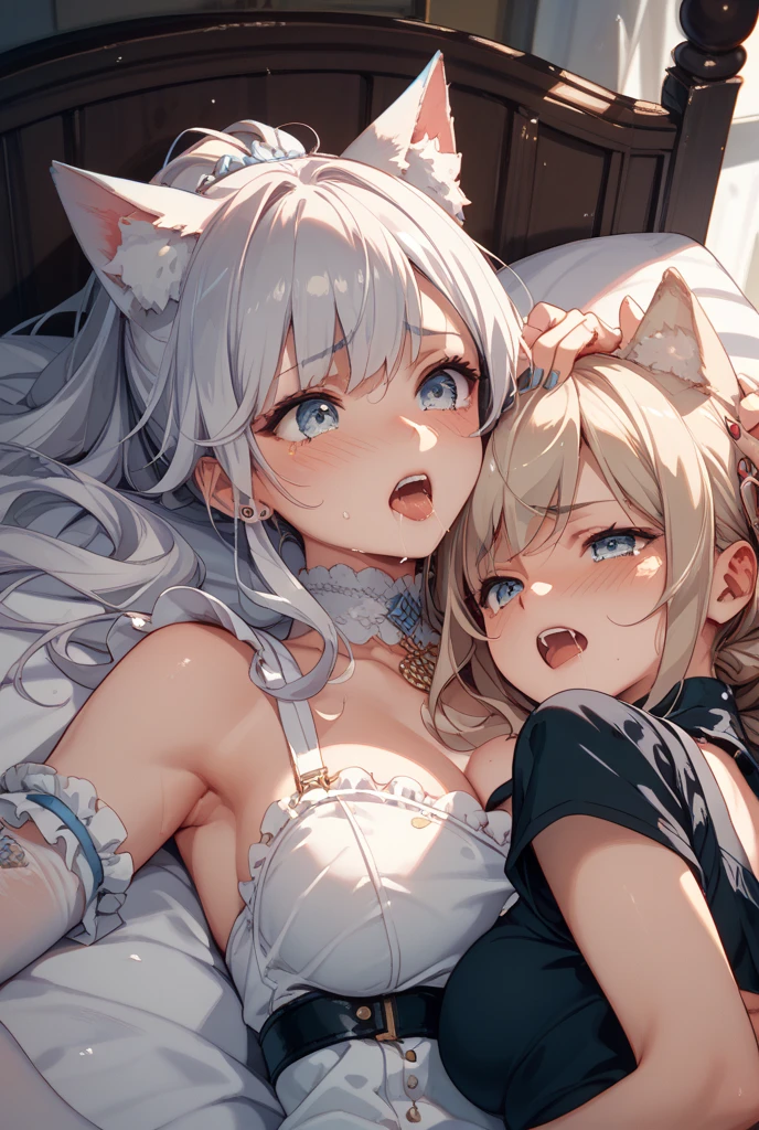 (((masuter piece)))、(((top-quality)))、Hi-Res、above thighs、lying on one's side、 Are sleeping、 (Cute One Girl)))、独奏、de pele branca、small tits、Eight-headed body、(White hair)、((shorth hair))、((Straight bangs))、beautiful hairl、blue eyess、Beautiful Eyes of Details、((tongue))、Red face、heart mark、nightwear、 frilld、 耳?????? Ring、in a house、a bed、 (natta)、 Shadow lighting、