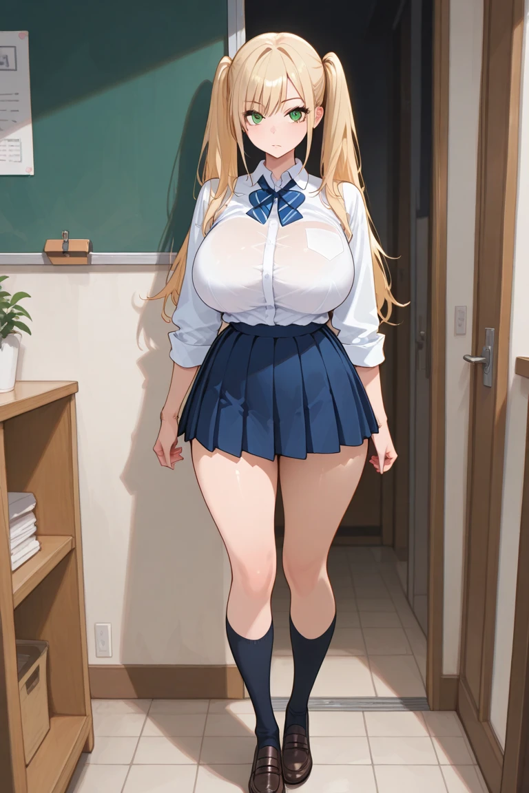 16, girl, long blonde hair, big breasts, seductive stance, cute school outfit, in closet, smirking, not blushing, naughty looking, teasing, black stockings, blue skirt, white button shirt, red tie