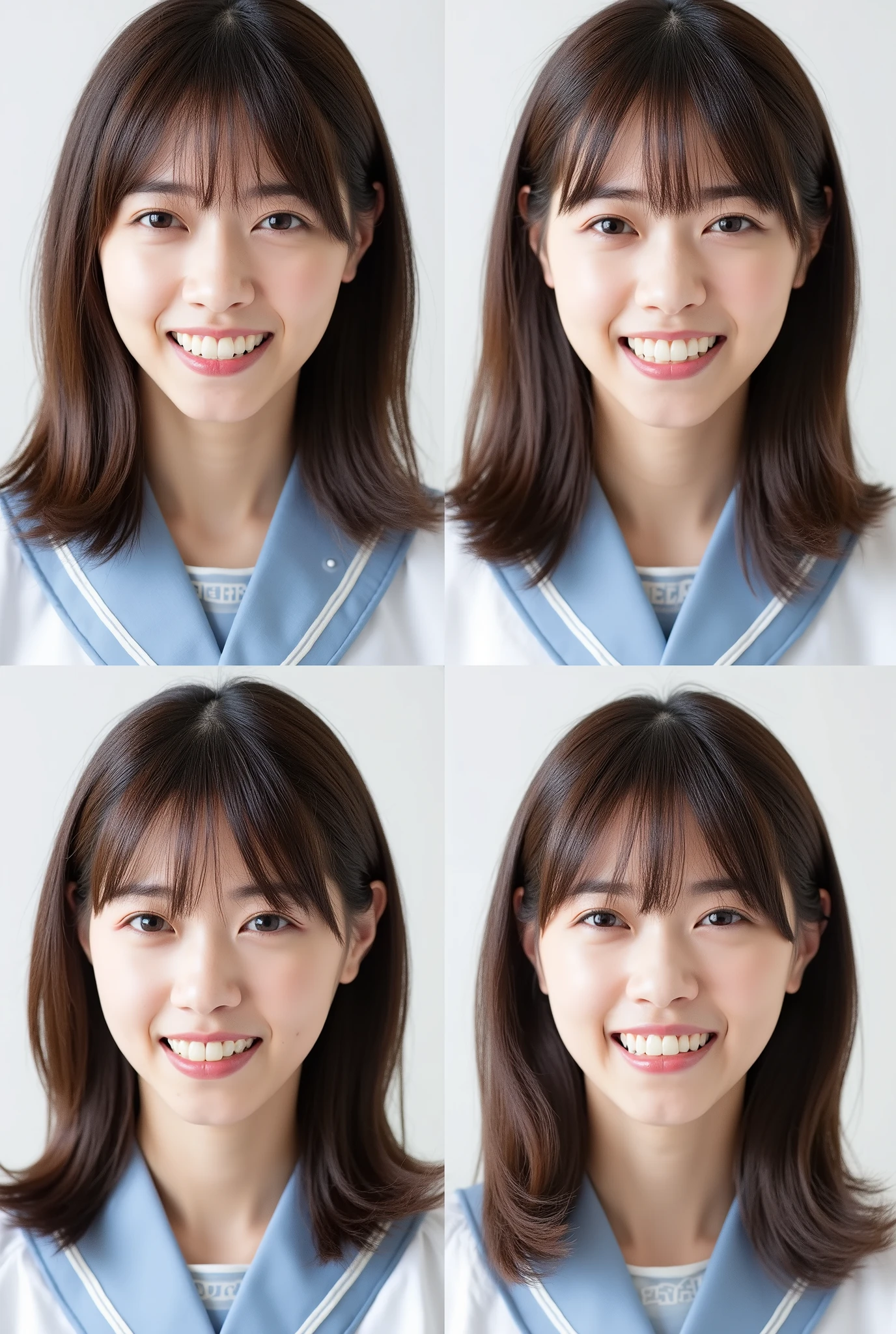 Create a realistic photograph of a beautiful Japanese female idol in a Nogizaka-style uniform. The image should be divided into four sections, each featuring a close-up of her face expressing different emotions: a smile, an angry face, a crying face, and a surprised face. Use a simple background to maintain focus on her expressions.