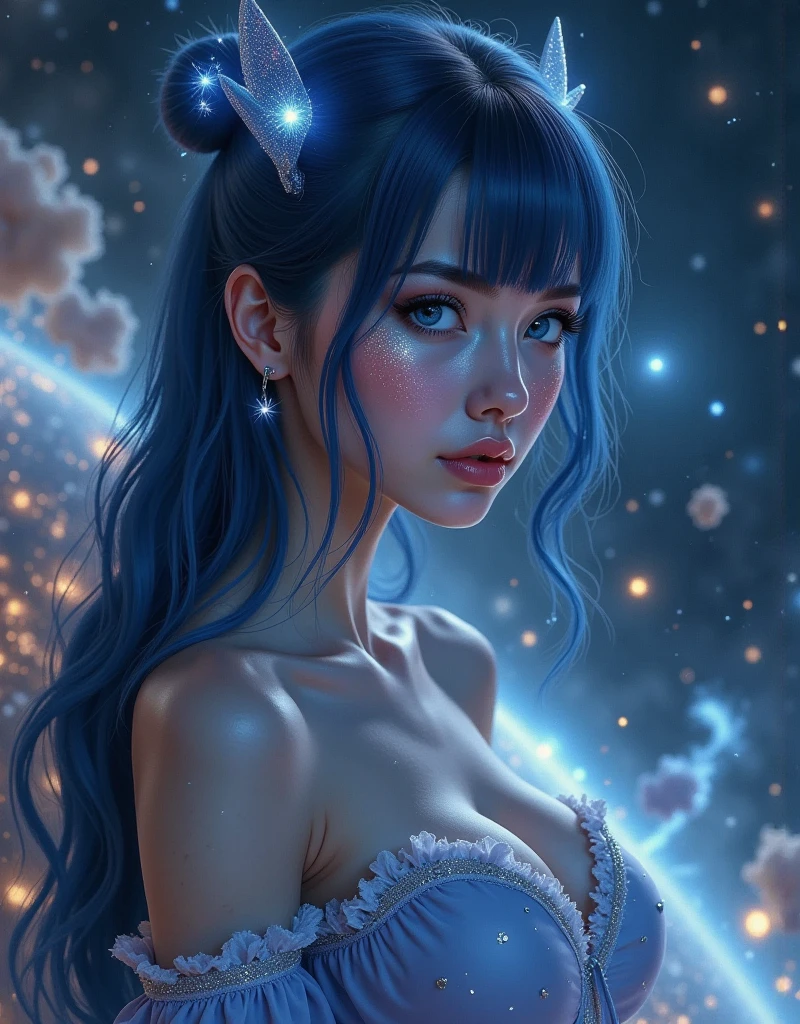 masterpiece, best quality, 1girl, solo,  KimberlySpaceAce, looking at viewer, aqua short dress, portrait, close-up, space, galaxy, star \(sky\),   <lora:Kimberly_SpaceAceV1.1:1>