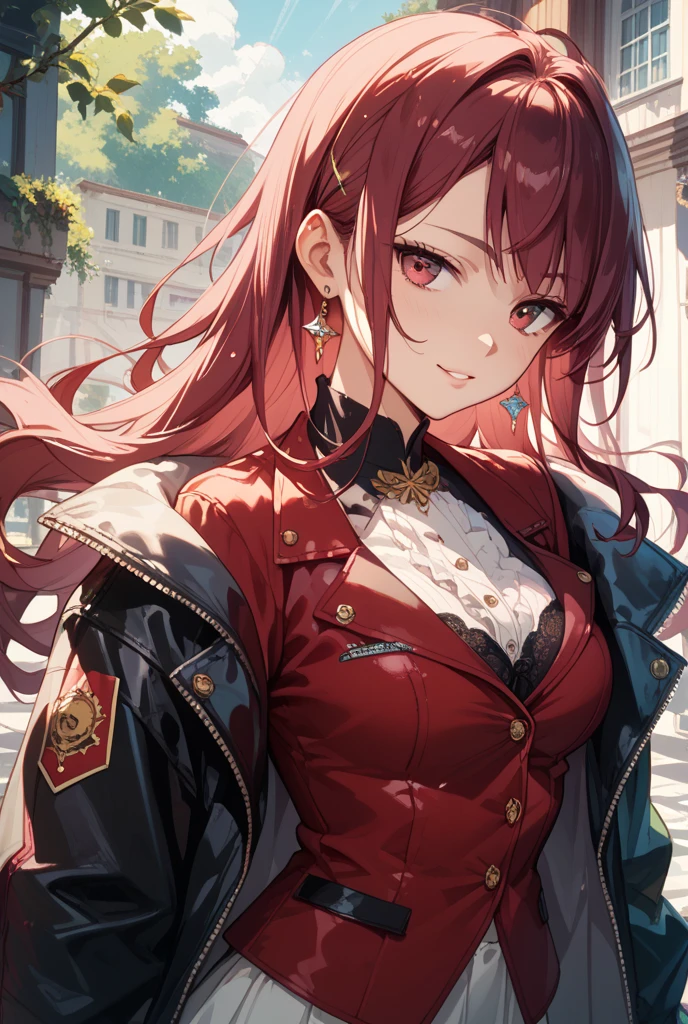 2D, masterpiece, highest quality, anime, very detailed, cowboy shot, 1 girl, alone, Marine_board member, Black leotard, black pantyhose, black gloves, striped hair, thigh boots, red coat, off shoulder, Shako Cap, heterochromia iris, red eyes, yellow eyes, Are standing, In the train car, enchanting smile