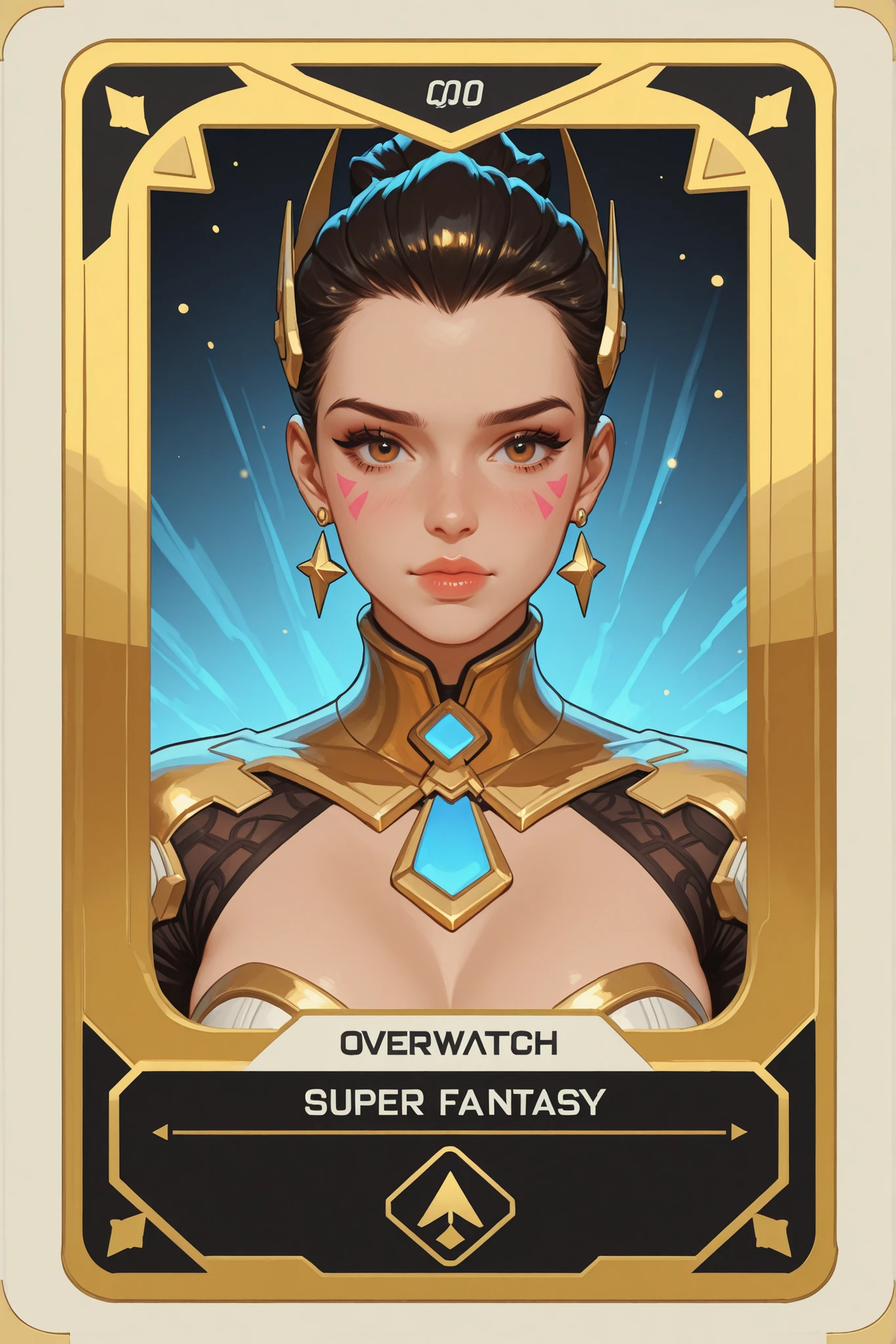 Ominious Mockup beautiful black & gold card game card (((with fantasy super detailed edges))), with a hyperrealist cute hot girl printed in Overwatch aesthetic and style