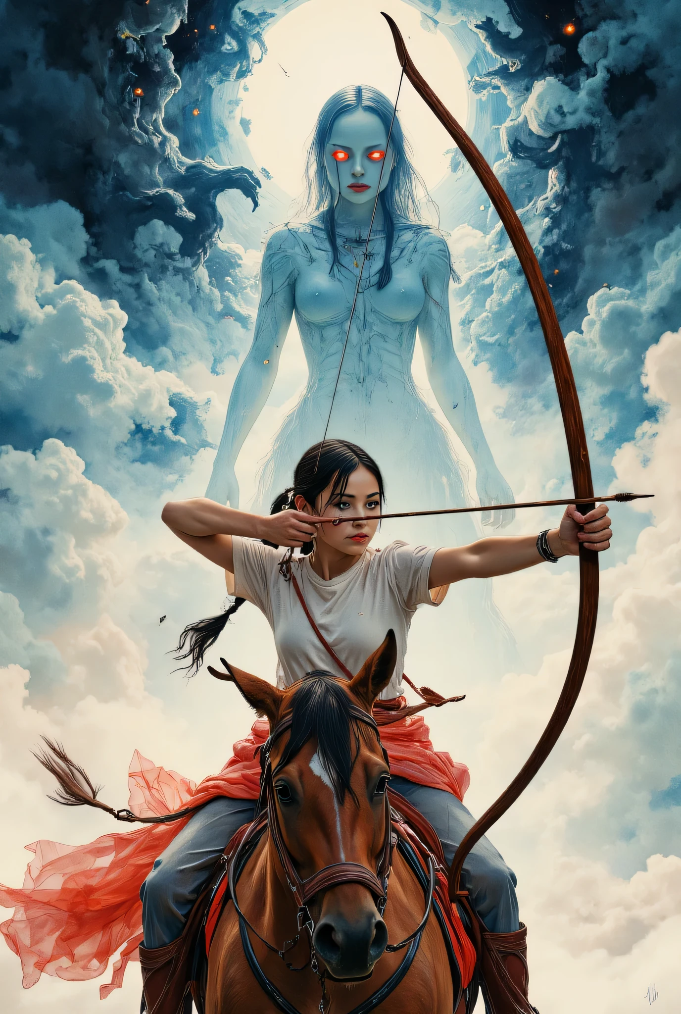 (Very beautiful and elaborate watercolor painting:1.2), Beautiful Nature, (Girl riding a horse and holding a large wooden bow), The Girl Closes Her Right Eye to Aim、Trying to hit an arrow at the viewer、(Girl's Eyes Shining Blue:1.4), Breaking ,Background of a Dark Ghost Bigger Than a Mountain、The Monsters' Eyes Are Glowing Red、swirl background、QUALITY\(8k,非常に精細なCGユニットのWallpaper, masterpiece,high resolution,top-QUALITY,top-QUALITY real texture skin,surrealistic,Increase Resolution,RAW PHOTO,最高のQUALITY,Highly Detailed,Wallpaper\)