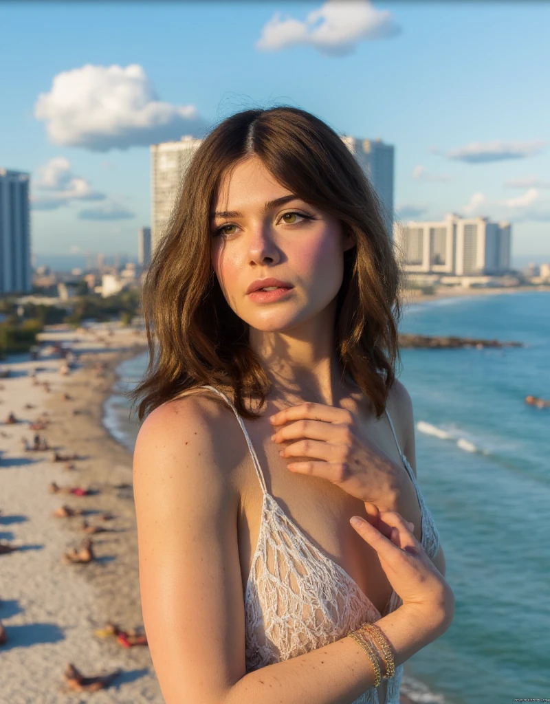 (((hd closeup photo))), 27 years old, looking at camera, Lina Benigna lookalike, sitting on a beach chair, malibu california