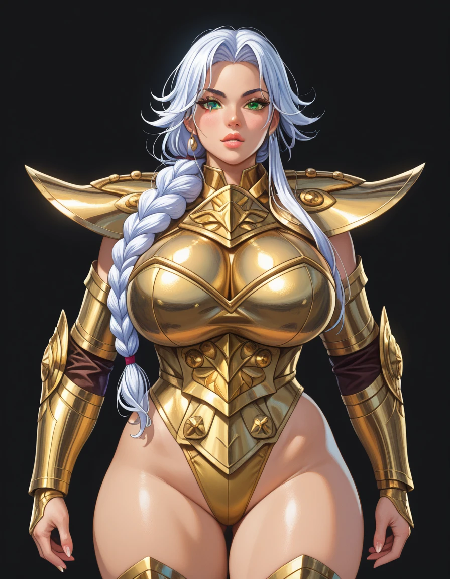 extremely long hair , ponytail, perfect anatomy 1 girl tall solo, slim thick, ((muscular)) high elf toned body, silver breast plate, blue cape, slendered abs, hourglass waist, detailed face, defined cheekbones, puffy lips, gauntlets, gold crown, shadow over eyes, looking at viewer, masterpiece, white thigh highs lingerie,