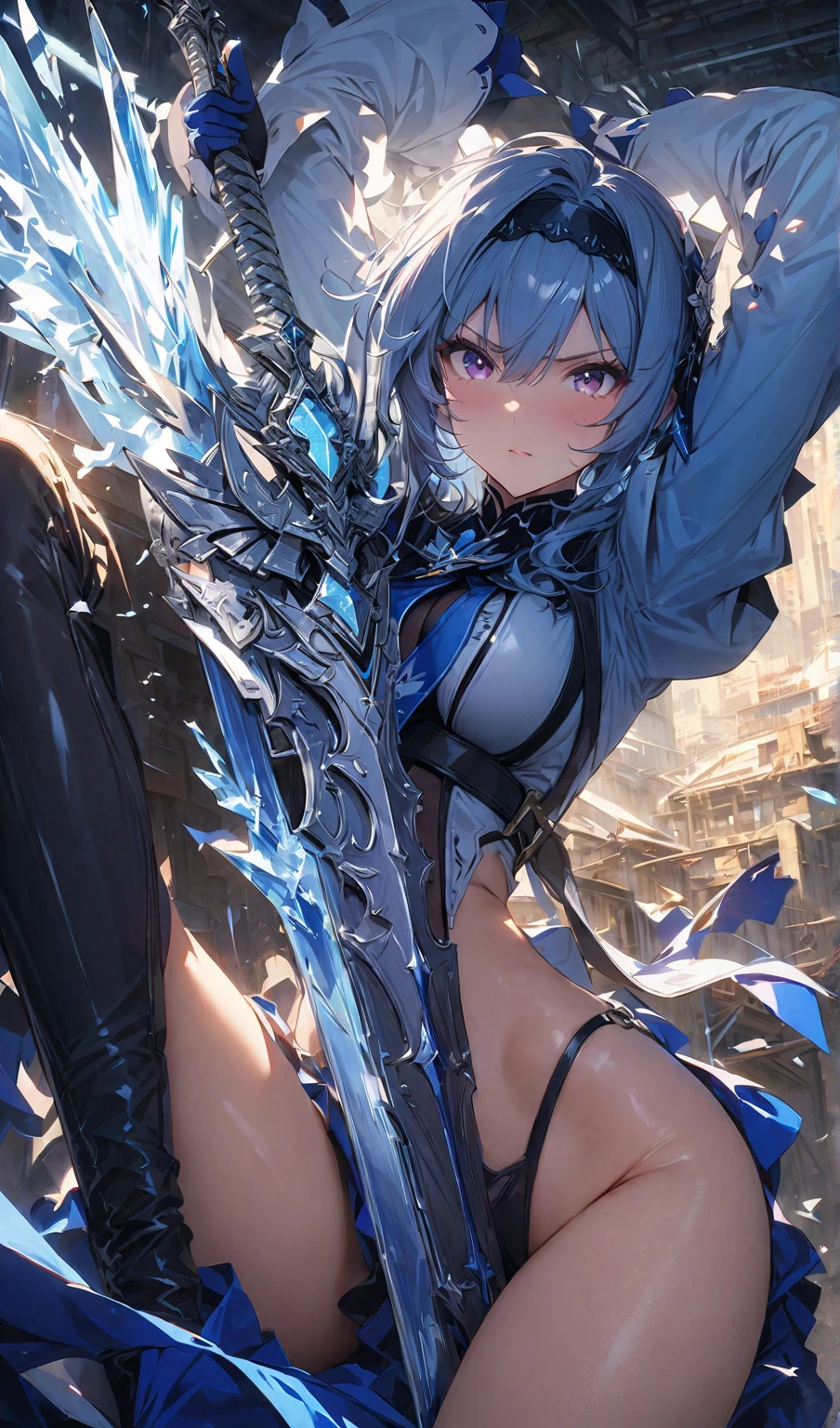 highest quality、complete limbs、full finger、((Woman with light blue hair))、((Very Shorthair Woman))、Beauty busty woman:1.3、female knight、((full armor))、(((Light blue high-neck leotard:1.3)))、big smile、(((woman wearing brown tights:1.3)))、castle town、((fighting stance、legs shoulder-width apart))、sexy pose