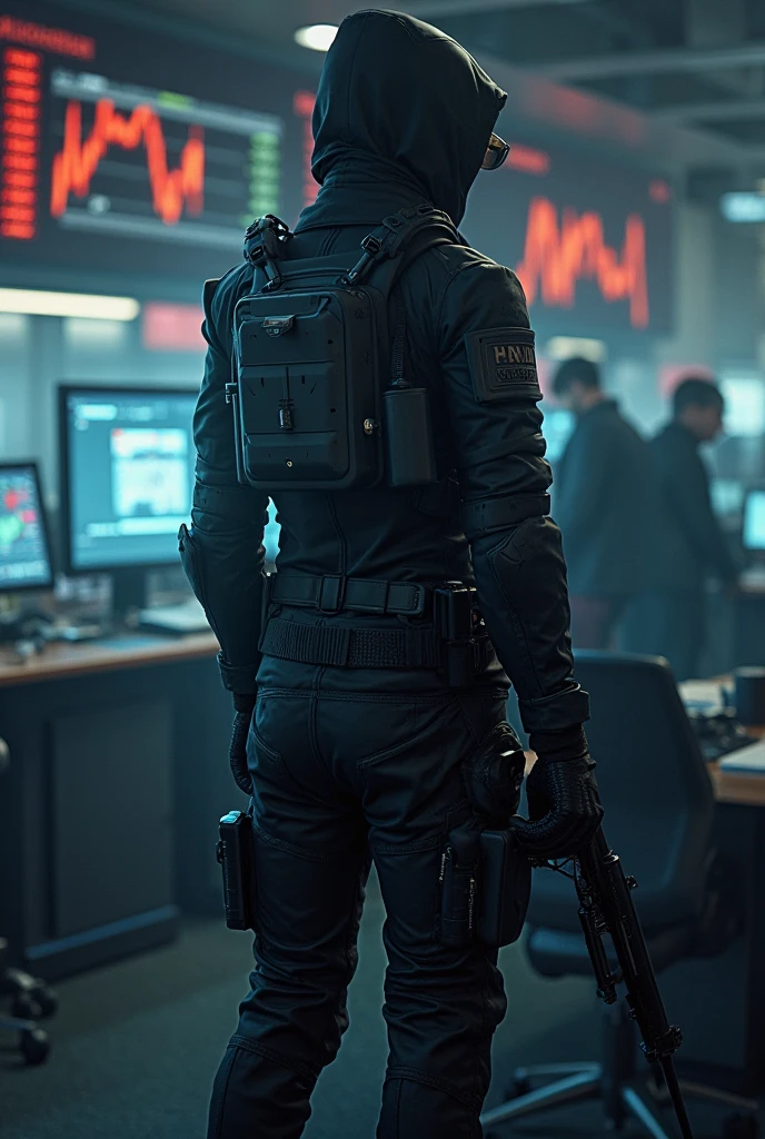 full body portrait, cyberpunk security guard, action pose, holding a rifle, neon, cinematic lighting, photo realistic, life like, 85mm, photo