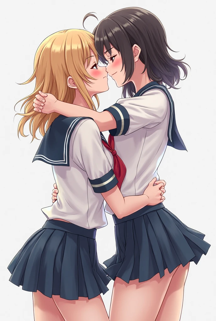 masterpiece, best quality, highly detailed, ultra high res, ayase arisa, 2girls, ((mutiple girls)), hair ornament, glossy lips, medium breasts, white shirt, pleated miniskirt, school, ponytail, twintails, eyes closed, facing each other, kissing, (quicksand:1.2)