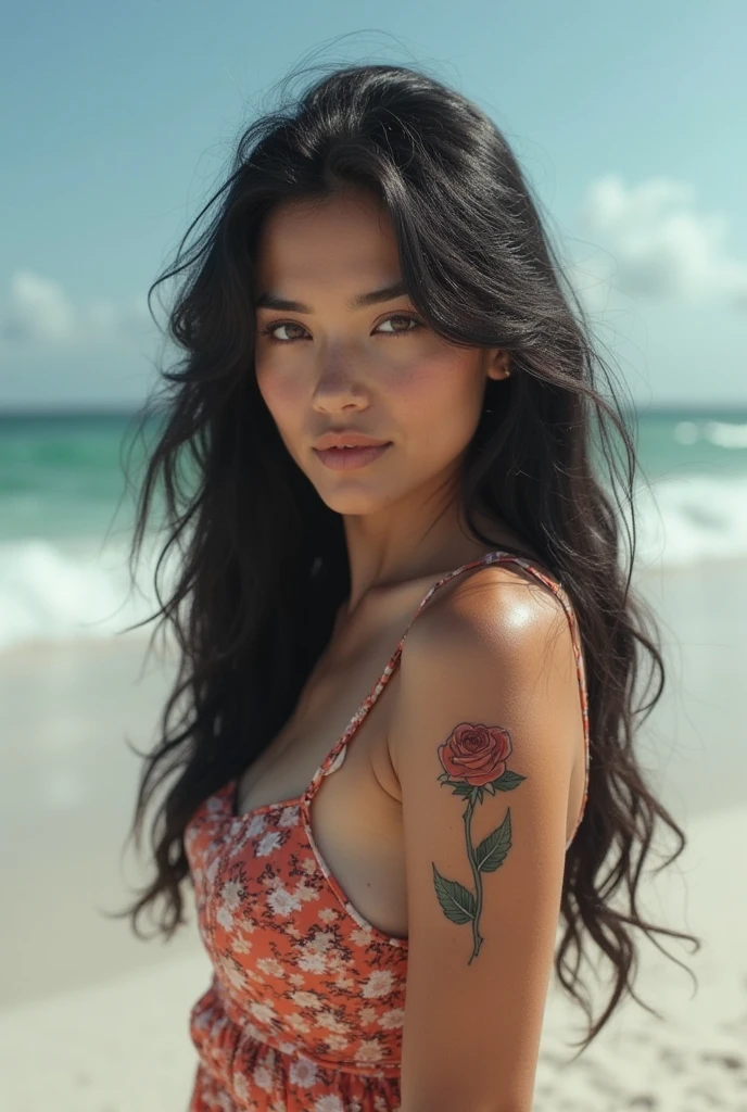 caucasian woman, Scrawny, with long black hair, Black and white flower tattoo on the arm, with large breasts and a large strapless top with a generous neckline, photo on the beach in Cascais, portugal, in bikini