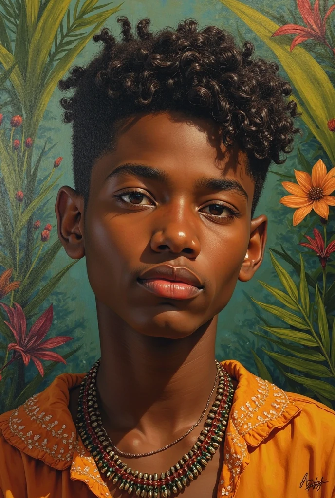 Na arte ultra realista, a verdant backdrop is depicted, com plantas exuberantes e folhagens diversas. Entre as plantas, vemos um menino afro-brasileiro, black skin bright eyes peeking from behind a bush,as folhagem cobrem metade do seu rosto com um olhar travesso e um sorriso malicioso que se destaca em seu rosto. The boy's half of his face is in focus, allowing the viewer to see the minute details of his expression. Seus olhos possuem um brilho cativante e travesso, while the arched eyebrows add a touch of malice to her gaze. The nose is slightly flattened and the lips are thin, curvados em um sorriso que revela seus pequenos dentes brancos .He wears no shirt and wears a plain red cap on his head