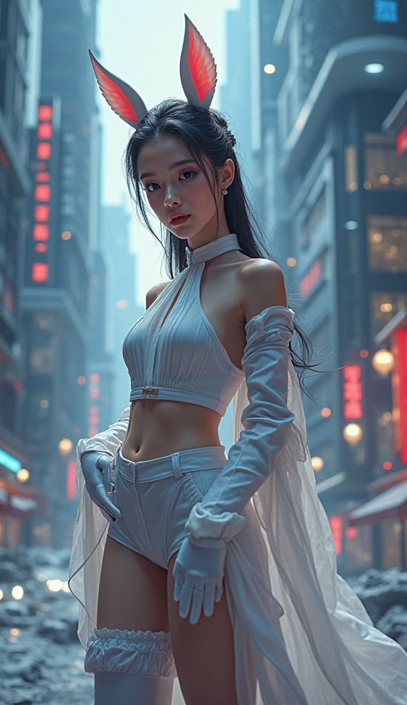 best quality,masterpiece,highres,famous artwork,cinematic lighting,cinematic bloom,city of the future,cyberpunk,cityscape,science fiction,technology,outdoors,skirt,jewelry,long_hair,necklace,earrings,(pantyhose:1.2),perfect body,standing,(large breasts:1.2),upper body,1girl,(china dress,chinese clothes,chinese girl:1.2),