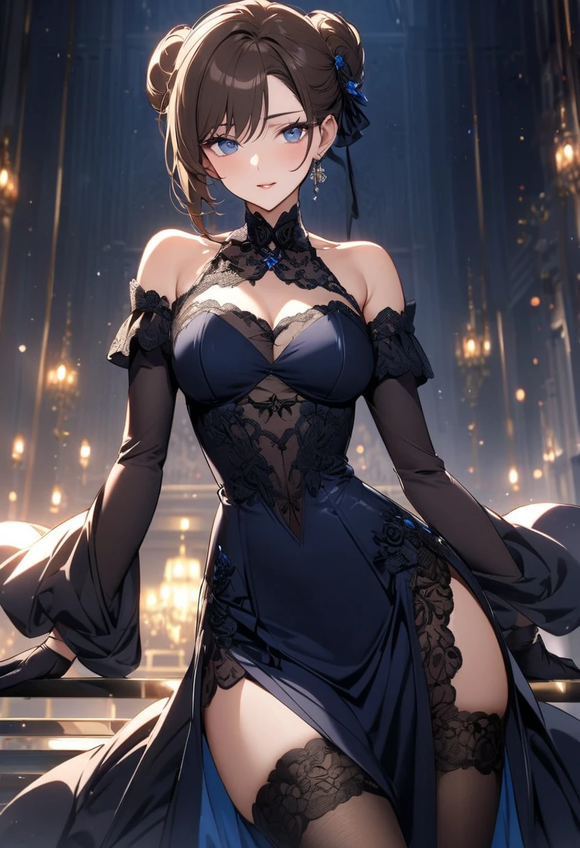 absurdres, RAW photo, extremely delicate and beautiful, masterpiece, Best Quality, ultra high resolution, 32k, hyperrealistic, ultra-detailed, perfect figure, in her 20s, very small head, very small face, delicate facial features, tearful mole, earring, huge breasts, whole body shot, full body shot, medium hair, black hair, intricate Romantic Victorian Gothic Outfit, legs,