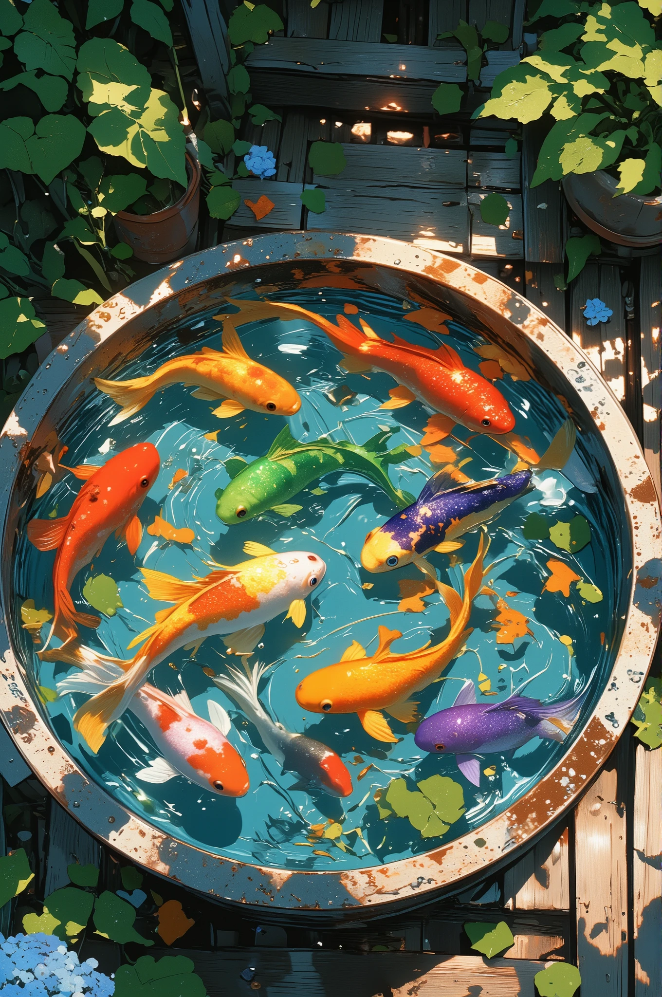 photo-realistic cinematic scene, top-down view of a slightly rusted metal basin filled with crystal-clear water, several hyper-realistic goldfish in vivid, unnatural colors—bright red, neon blue, emerald green, lemon yellow, vibrant orange, soft pink, and deep violet—swimming slowly in gentle circles, the basin is placed on damp wooden planks shaded by dense summer foliage, fallen hydrangea petals and a few small green leaves float on the rippling surface, faint sunlight filters through misty air, water droplets cling to the edge of the basin, a ’s blurry shadow is reflected above, evoking a quiet, nostalgic mood of early summer just before the rainy season, slightly surreal atmosphere, ultra detailed, masterpiece, best quality, aidmamj6.1