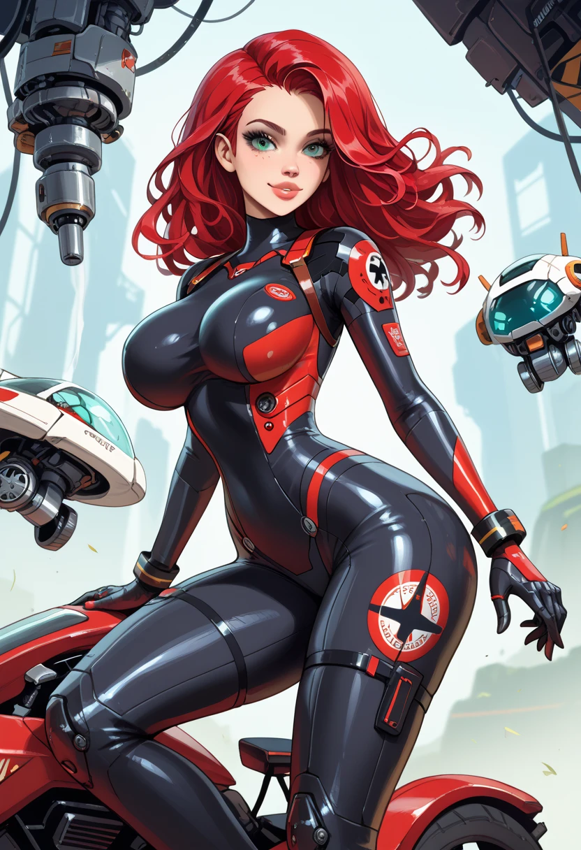 A gorgeous mechanic, femme fatale, in an atompunk style, set against a blank background with retro-futuristic elements, wearing an unzipped orange jumpsuit revealing cleavage, with a mechanical hand, cybernetic augments, half-shaved ginger hair, gunmetal grey accents