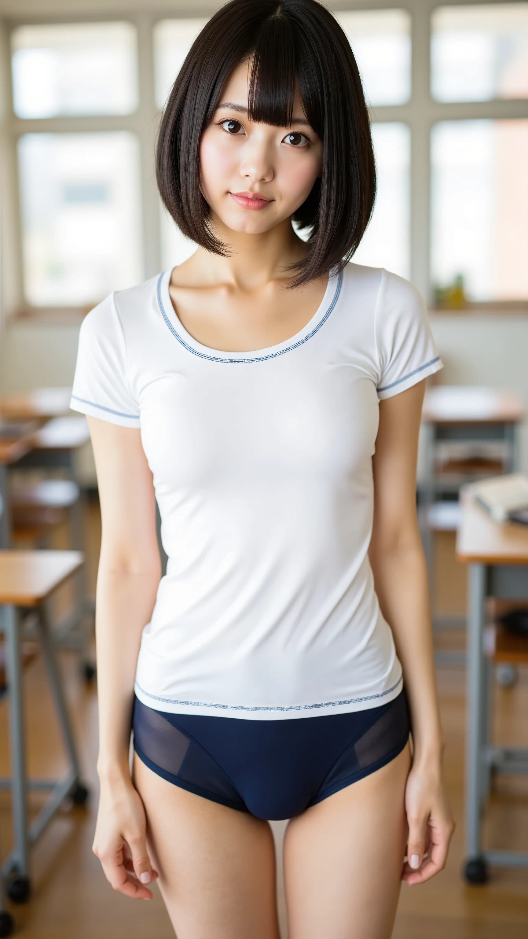 ((low angle shot,masterpiece,best image quality,photorealistic)), cute Japanese woman , big breasts, (Young woman),Shortcut Hairstyles,petite women,1 person,((Fitted Round Neck White Tee with Dark Blue Lines at the Neckline,Dark Blue Micro Panties,Dark blue bloomers)), full body view,Front Map, standing,bokeh classroom background
