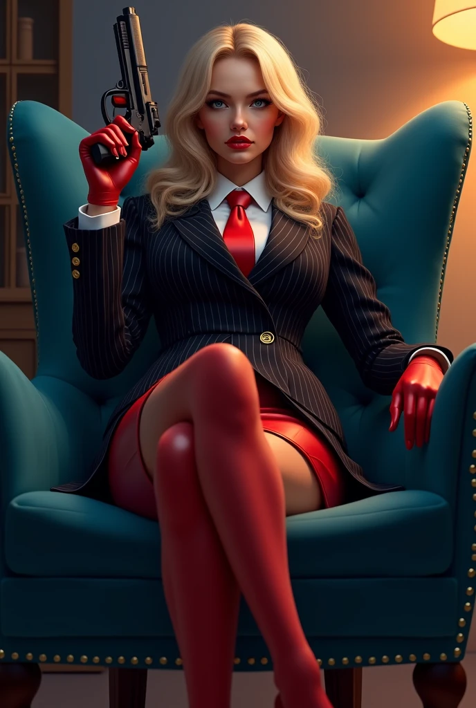 Best Quality, realistic acrylic paint art, vivid colors,Beautiful Woman,Suspicious expression face, shy smile, blue eyes, blonde curly hair, looking at Viewer, ((black clothes, adjusting glossy red Gloves, black belt, tights)), Sitting in a fancy leather chair, natural lights, white neutral empty background