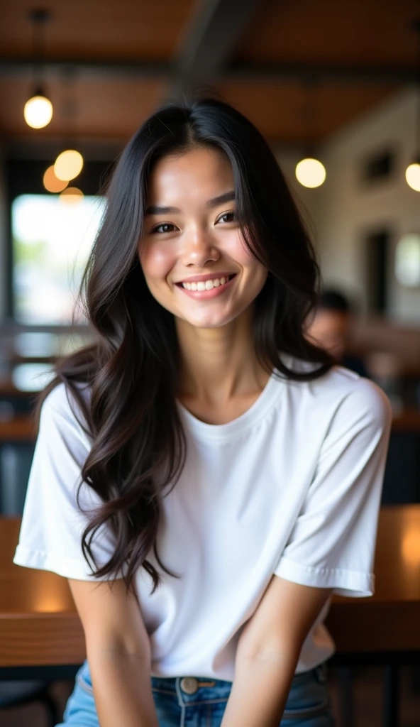 Caucasian female, around 20 years old, dark brown eyes, one meter and seventy-two meters tall, 116 kilos, black and straight hair, rosy cheeks, wearing a black shirt. Doing an extroverted pose for a photo. Social network photorealistic style. In a burger joint.