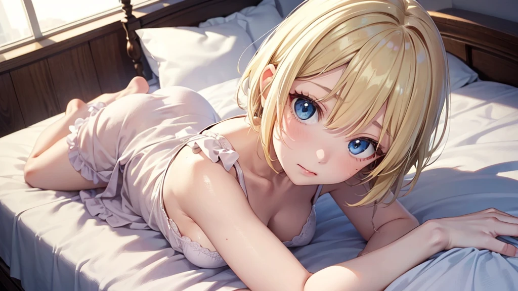 blonde, short hair, girl１, sleep in bed, (White sheets), (White pillow),close up of face, completely nude, [[pale purple eyes]],