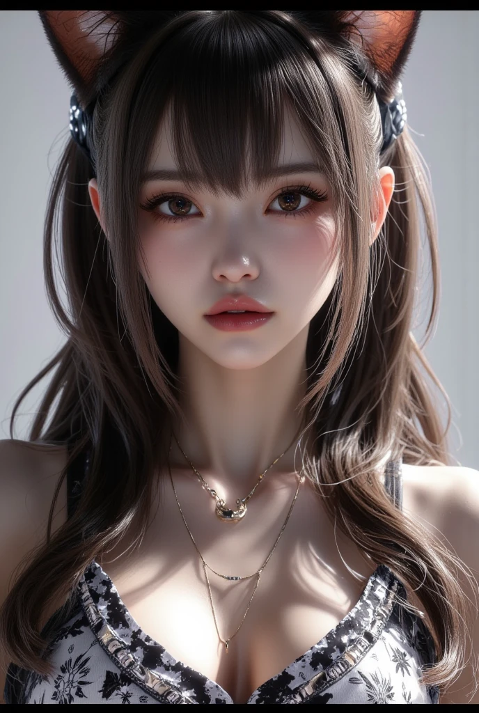 masterpiece, highest quality, Very detailed, Facing the camera, 複雑に詳細なSuper detailed, Realistic, Sharp features, Very detailed, Sharp focus, Perfect Face, Perfect Face, Perfect symmetrical perfect eyes, Perfect Plump Lips, Flexible female form, Cinematic, Film Light, Super detailed, hyper Realistic, masterpiece, atmosphere, High resolution, Vibrant, Dynamic studio lighting, ((Dawn Background)), The expression when receiving pleasure, Straight bangs, Purple Eye、((Wearing a small white and red flower patterned bra))、Luxury Lingerie, Cowboy Shot,