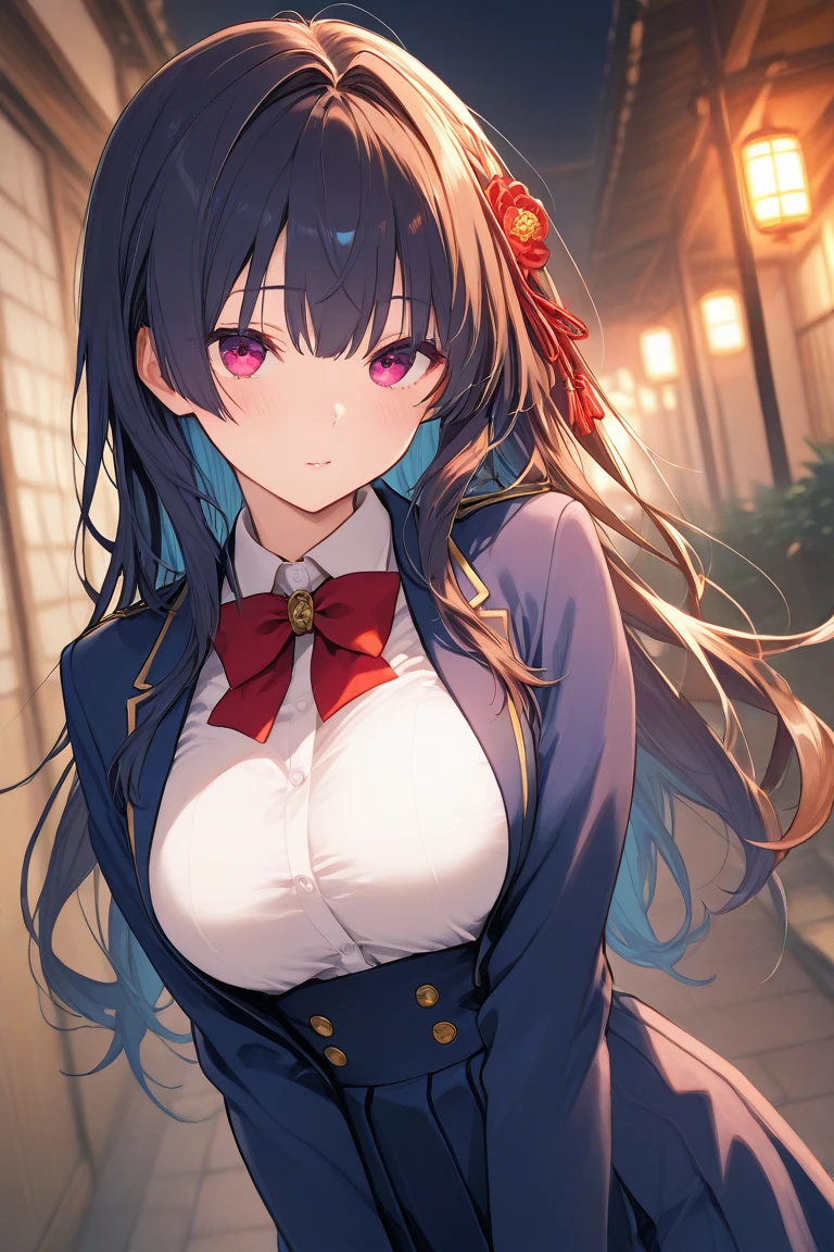 prompt（Re-adjusted version）
beautiful, masterpiece, Highest quality, HiqCG Body, anime, (1 Girl:1.5), (Small breasts:1.2), Portrait Shot, View your viewers, Wet Skin, Intricate details, Little Woman, Her eyes were shining like dreamy stars.,(Shining Eyes:1.3),(Beautifully detailed eyes:1.1)、[[Delicate fingers and hands:0.55]::0.85],(Detailed reference),(Thick black hair, Eyes are bright purple,(Sharp Eye:1.3), (tsurime:1.5), Twin tails,Straight Hair,(Asymmetrical bangs:1.2),(Blunt Bangs:1.3), (hairpin:1.2), Young face,Childlike,Small devil,Succubus,Vampire,Double teeth,Small corner),(kimono),Dynamic Pose,(yandere:1.1),(yandere smile:1.3),(smirk:1.3) ,Cleavage,High angle shot、(night:1.4)、(full moon:1.1),Focus on the chest,(Shake your head:1.2), Thick black hair, kimono, firework