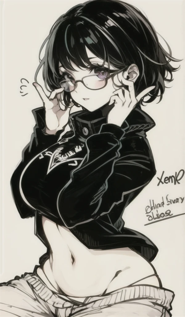 Medium black hair, yellow eyes, scar acros the face, adorable smile, cute smile, bikini bottom, shirt, white shirt, small , big butt, big ass, wide hips, big thighs, thigh highs, looking up at viewer,front view, lusty smile, shy, blush, blushing, yoru, chainsaw man girl, ahegao, open mouth, tongue, sticking out tongue, rolling eyes, drool, peace sign, curupted mind, black and white, 