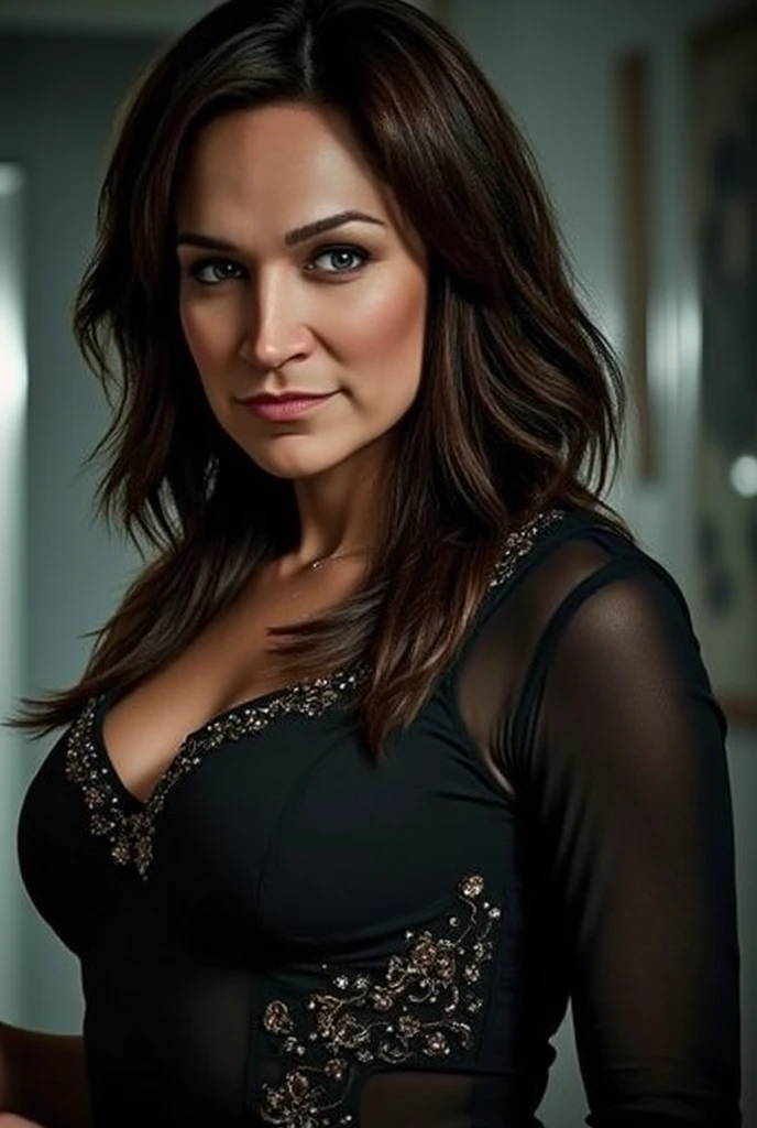 Best_QualityPos, RAW photo, intricate details, best quality, 8k uhd, soft lighting, 1girl, solo, gina carano, brown eyes, long hair, black hair, black collared shirt <lora:Gina_Carano:0.7>