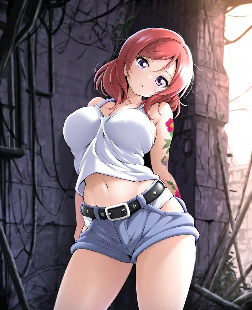 Masterpiece, best quality,solo, (cowboy shot), nishikino maki, purple eyes, big breasts, wide hips,hand on hip,  white tank top, brown short shorts,goggles on head, ,earrings, fortune , slightly exposed midriff ,sweaty ,sweaty oily skin, clothes soaked in sweat and  oil ,belt,(navel:1.1)