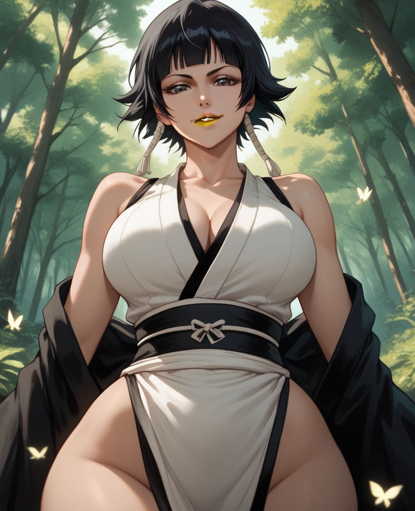 full body, Standing, Princess Zelda as Shinobi, costume all black with gold stripes, she has large breasts, (short black hair), ((wearing Oni mask on her face)), cut scar over right eye, (green eyes), a katana attached to her waist, blood all over her clothes, she is in an ancient ninja Temple full of swords stuck in the ground, Anime, masterpiece, 16k, award winning, best quality, high details, UHD, masterpiece, anatomically correct