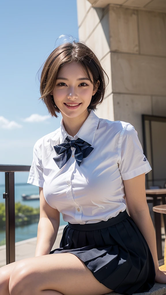 Top image quality、超A high resolution、masutepiece、Photoquality(photographrealistic:1.8)、Delicate skin texture、accuracy、Japan women、17 age、Girl Smile、A dark-haired、Cute dimples、Non-makeup、Medium straight hair、Boyish girl、I am an honors student、Slender girl、Smaller chest、Flat-breasted、laugh face、Have a good laugh、Look straight at me、hi-school girl、White short sleeve blouse、White shirt with collar、Dark blue blazer、Japanese high school girl、校服、Red and blue striped ribbon ties、Dark blue box pleated skirt、Has a skirt hem、 school hallway、By the window、laugh face、Have a good laugh、Facing the front、blue open sky、white clouds、reflective light、
