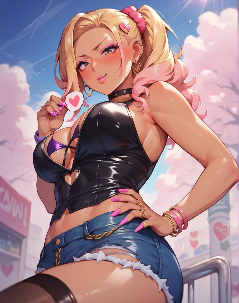 score_9,  score_8_up, score_7_up, wolf ears, wolf tail, wolf girl, 1girl, solo, dark-skinned female, blonde hair, dark skin, phone, jewelry, sunglasses, earrings,  ponytail, crop top, handbag, very long hair, hair ornament, midriff, choker, makeup, bracelet, navel piercing, miniskirt, piercing, hairclip, necklace, ring, brown eyes, smile, sparkle, cowboy shot, cropped shirt, blue skirt, alternate costume, short sleeves, forehead, white shirt, standing, gyaru, glasses, fishnet top, ear piercing, tattoo, fur-trimmed skirt, eyeshadow, parted lips, looking at viewer, peace sign, 