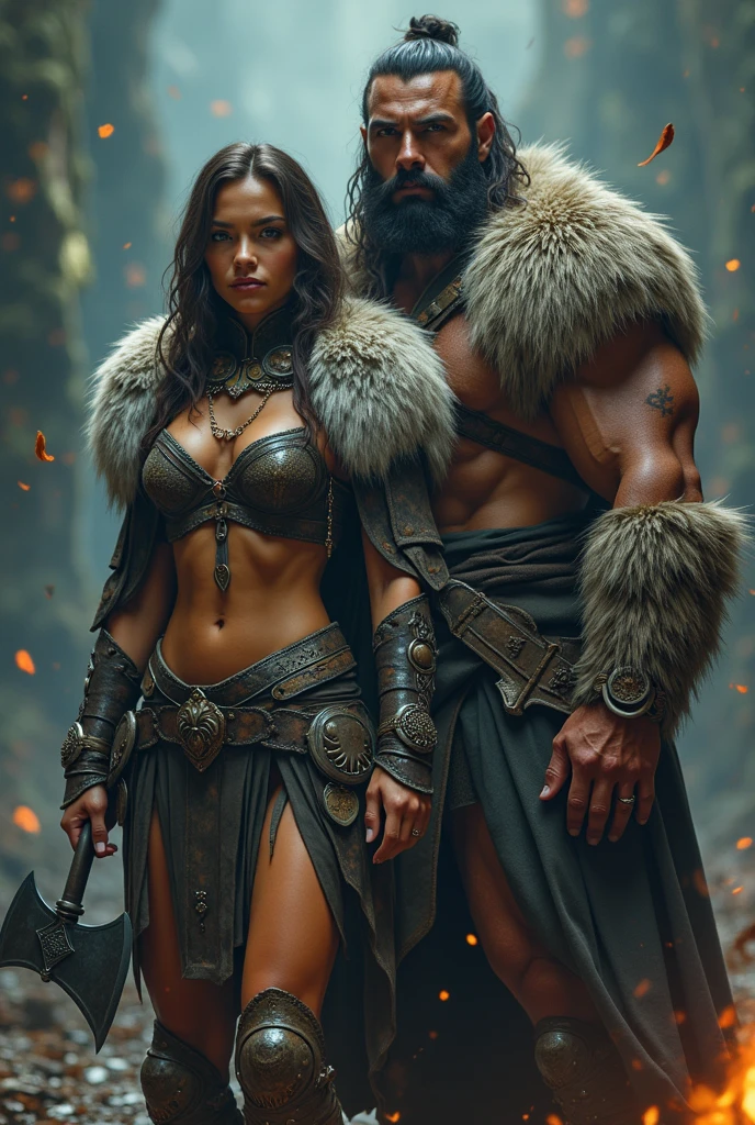 A muscular and imposing warrior, with brown hair, sitting on a rocky terrain under an orange sky, Suggesting the sunset. He is dressed in heavy, furry armor with tribal ornaments., holding a long, shining sword, that rests on the ground beside you. Beside him, a dark haired woman, dressed in outfits with leather and fur pieces, is partially hidden behind it, looking into the distance with a serious expression. The scenery in the background is desolate and mountainous., with big cliffs, creating an intimate and wild couple scene.