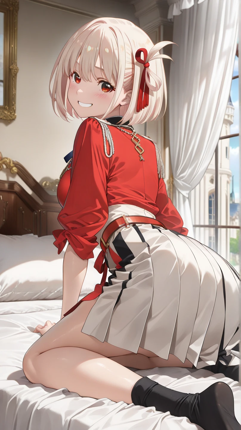 ,(Unbroken body),(Perfect body structure),(arms two),(legs two),highest quality, 4K, (High resolution:1.3) masterpiece, 1.2, Super detailed, HDR, Studio Lighting, Sharp Focus, Bright colors, Portrait, Warm tones, Soft Lighting,Twisting the skirt with your hands、Blonde、Medium Short Hair、Red Eye、
