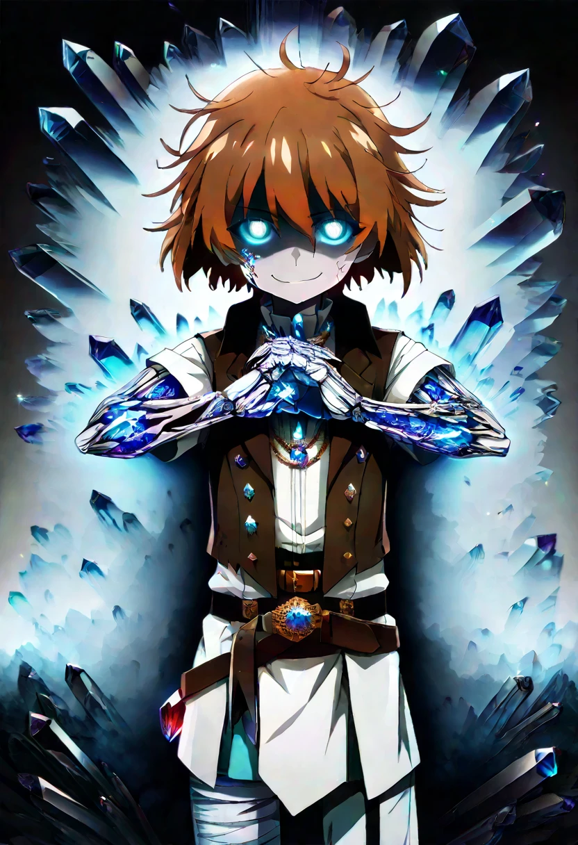 score_9, score_8_up, score_7_up, source_anime, anime_screencap, masterpiece, best_quality, uncensored, higurashimei, cowboy shot, upper body, (tween:1.2), ((kawaii)), 1boy, aqua sclera, aristocratic clothes, bandaged arm, bandaged leg, bandages, belt, belt buckle, bone, bright pupils, brown hair, buckle, clawed hands, claws, olored sclera, cracked eyes, cracked skull, crystal eye, crystal hair, crystal shards, crystal, disembodied hand, exposed bone, ghost, ghost boy, glowing, glowing crystal, glowing eyes, grey skin, high-visibility clothing, hollow body, hollow eyes, jewelry, lich, Loincloth, material growth, necklace, necromancer, ocean, rayman limbs, ribs, ringed eyes, shota, single bandaged arm, single bandaged leg, single clawed hand, standing on liquid, strap, torn clothes, undead, vest, water, white eyes, no reflection, mutation, medium hair, messy hair, kuudere, dark theme, white sky, asymmetrical eyes, body horror, pale skin, villain pose, british clothes, damaged skin, smirk, glaring, white sky, black sky, horror (theme), cracked skin, detached arm, crystal skin, crystal body, disembodied leg, embedded orbs, embedded crystal, drowned, blue aura, crystal hands, cracking knuckles, blue crystals, own floating hand, crystallokinesis, aged down, petite