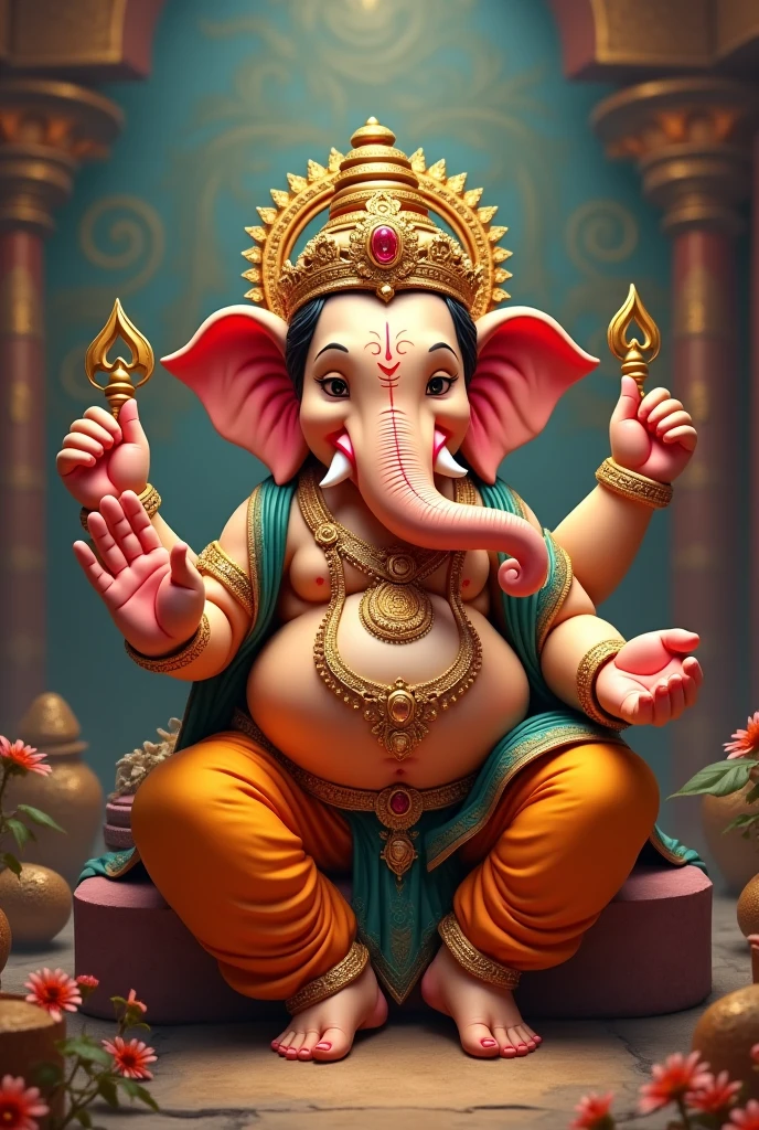 Lord Ganesh ,near small Rat, leg near laddu