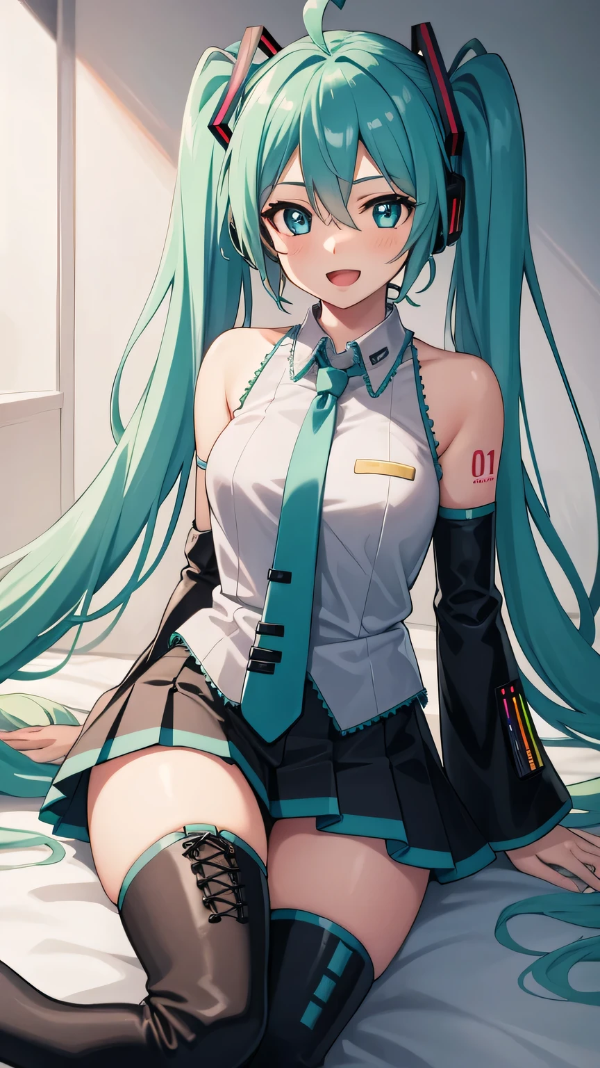 Hatsune Miku, huge breast, cameltoe, Huge thighs, white mini skirt 