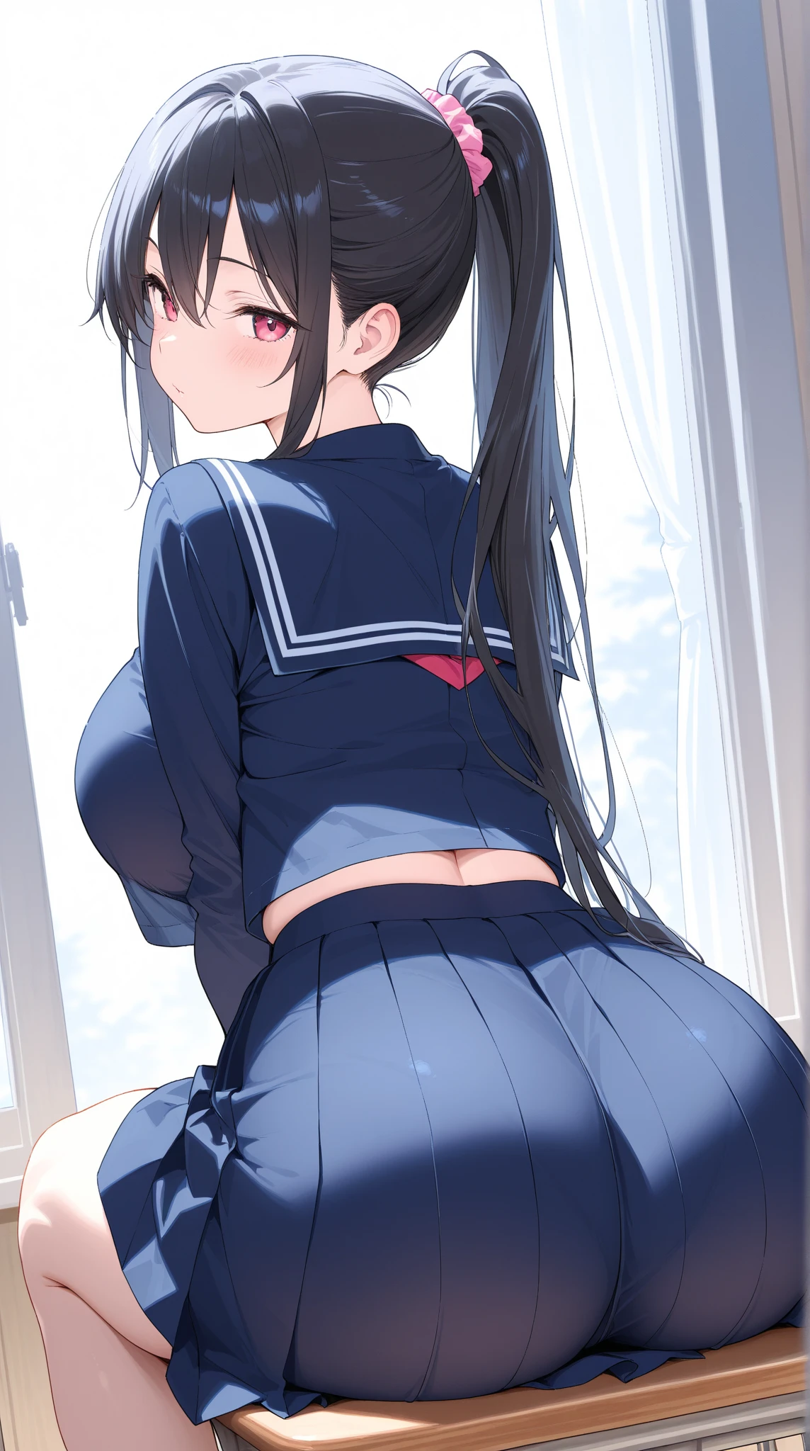 (software:1.5), (blush), (big and full breasts)、school uniform、droopy eyes, blue eyes、black ribbon、thick thighs, such an ass, Liar, bed,face down、detailed female genitalia、Love juice is dripping