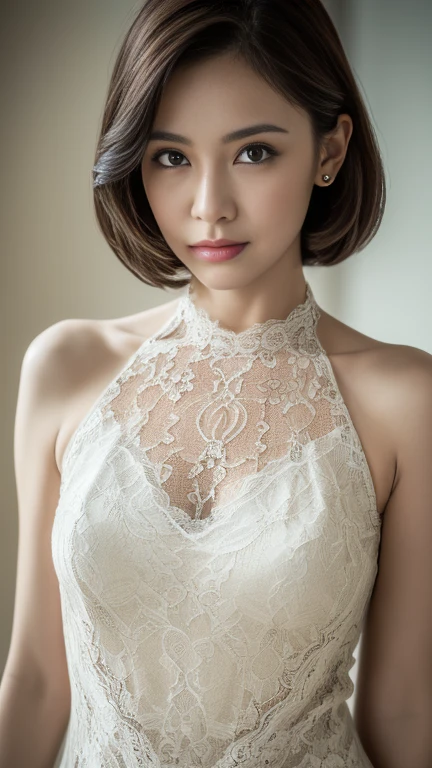 ((Top Quality, 8k, Masterpiece: 1.3)), 1 Woman, (big tits, soft breasts), elected nipples, skinny, sheer one-piece dress, Highlighted Beautiful Girl: 1.3, (Short Hairstyle, Big: 1.2), Plain Clothes: 1.2, Indoors, Ultra Detailed Face, Detailed Eyes, Double Eyelids,