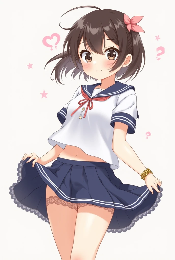 masterpiece, best quality, extremely detailed, anime, girl, ((short hair,)) ((two side up,)) (((wavy hair,))) hair between eyes, ((dark brown hair,)) blue eyes, (((slant eyes,))) (((tsurime,))) (((white pupil,))) pale skin, (tiny,) rotund, small breasts, white dress, red hair ribbon, (black thighhighs,) fang, (((ass forcas,))) striped panties, smile, ((from below,)) skirt lift, closed mouth, gleaming skin, glistening skin,