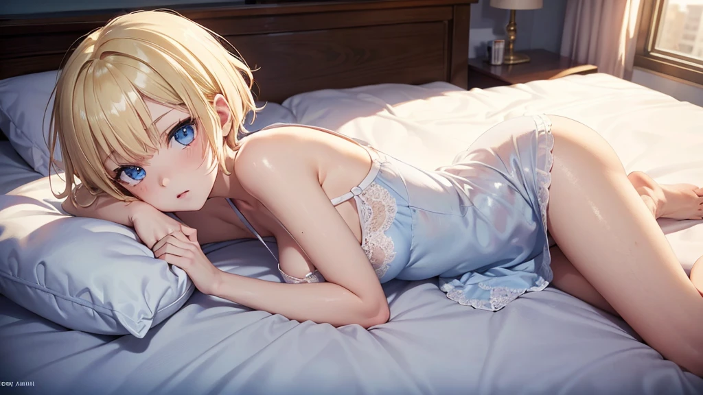 masterpiece, highest quality, best quality, formal art, beautiful and aesthetic: 1.2), extremely detailed eyes, (fractal art: 1.3), colorful, highest level of detail, (perfect face), shiny skin, HDR) 1 girl, Spider Gwen blonde hair, cute, lying down now, before bed, pose, sexy pose