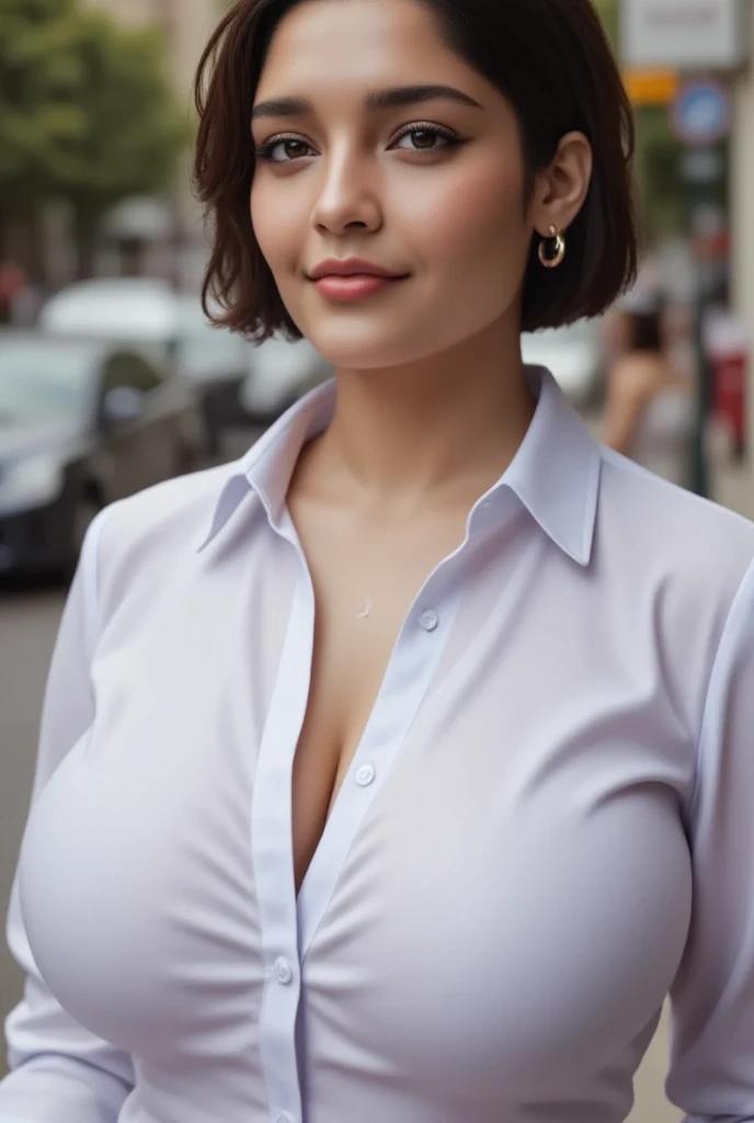 masterpiece), (best quality:1.7), (finely detailed eyes and detailed face), (detail:1.3, best quality, (ultra-detailed), (an extremely delicate and beautiful),cinematic light,dynamic angle,floating, (best quality:1.3),((disheveled hair,free hair,long hair( beautiful detailed eyes:1.1), Indian girl, 30 year Tamil girl, (wearing shirt , long skirt),street background, Bokeh, , very big round breast , side pose looking at viewer, hair bun, beautiful round face, attractive face,
