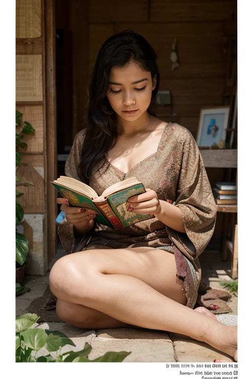 ((cheerful ((tall dark tanned ((Korean)) MILF magistrate)) sitting poolside while reading manuscript, (wearing opulent robes), (wearing antique lace necklace), (cannabis flower tattoos on arms and legs), plump legs spread apart, high quality photo, sitting quietly poolside (with copious tall cannabis sativa plants and poppy flowers and hydrangeas surrounding pool during foggy sunrise)